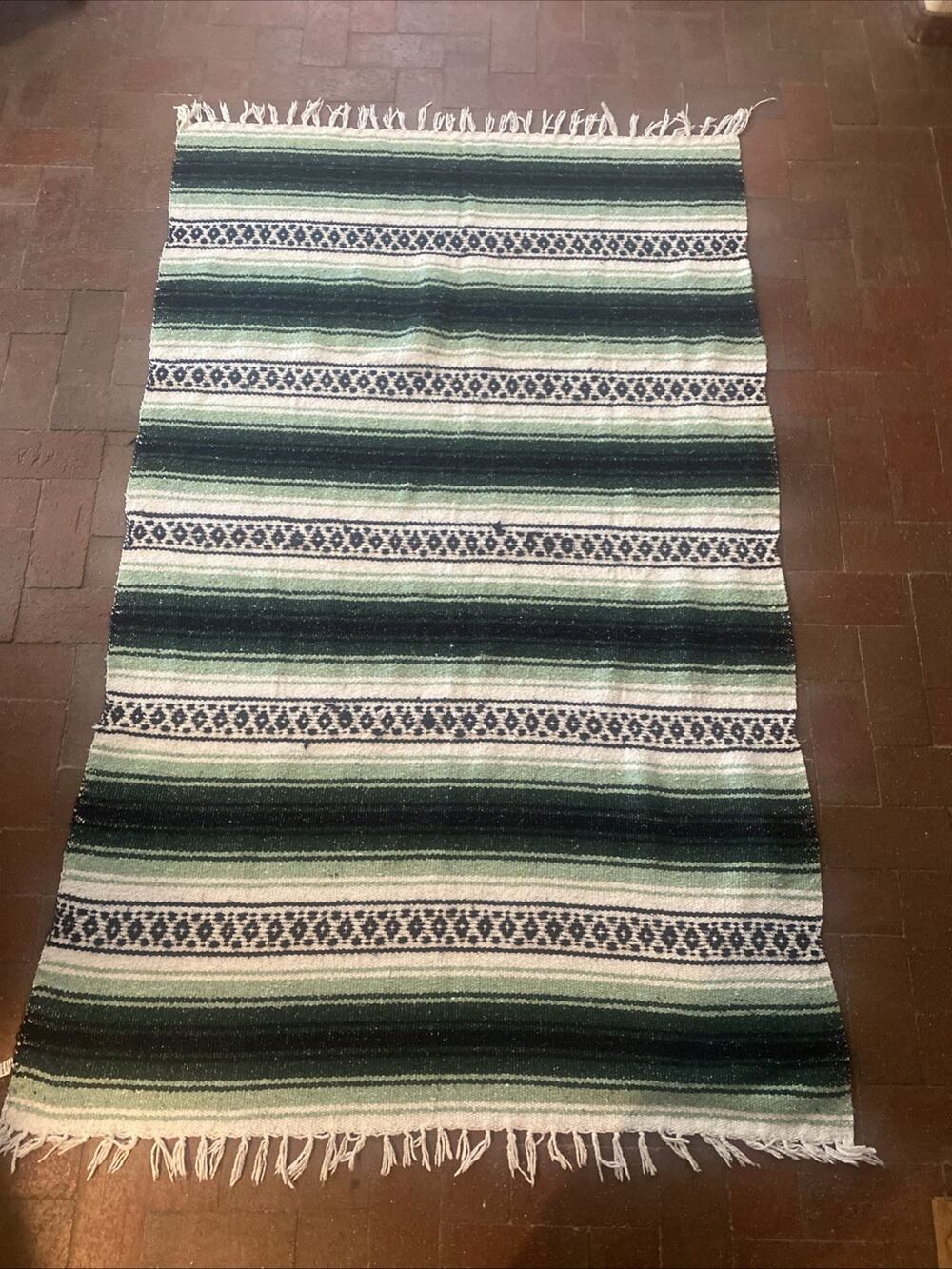 Vel-Mex Green White Stripe Western Boho Blanket Falsa Fringed Throw 71” X 47”